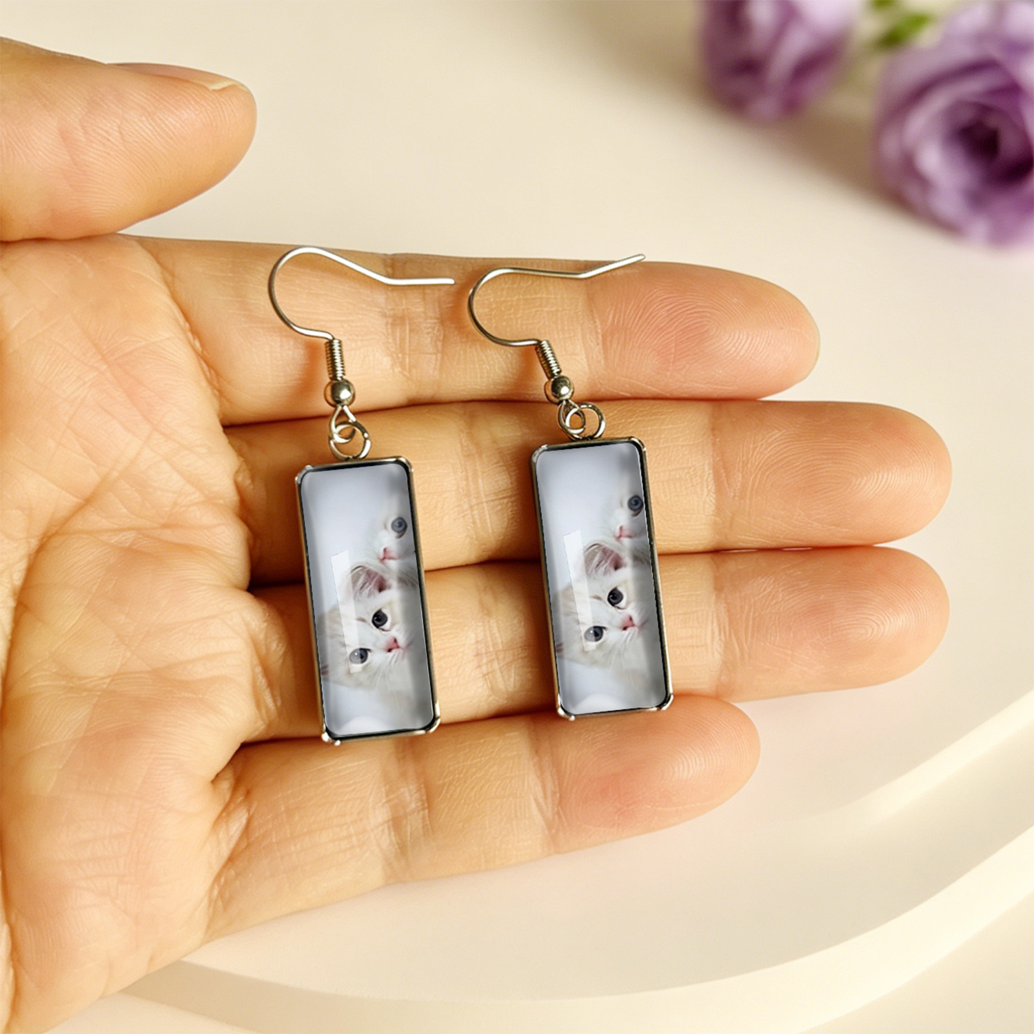 Cute White Kitten Rectangular Ear Hooks, Girly Jewelry